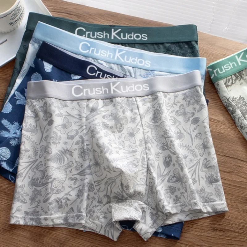 Men's Trendy Printed Cotton Underwear Breathable Skin-Friendly Boxer Briefs Male Casual Letter Waistband Mid Waist Underpants
