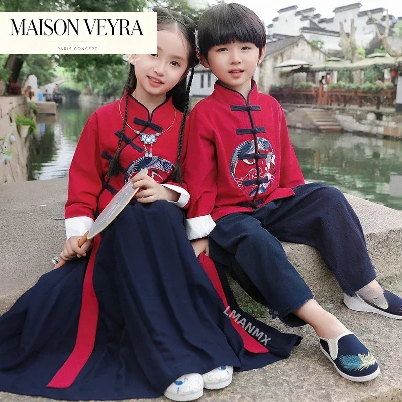 Chinese Traditional Crane Embroidery Kids Hanfu Clothing Set Children Tang Girls Suit Party Dress Boys Kung Fu Tops Skirts Pants