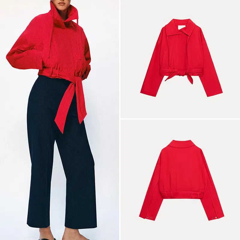 

Women's Casual Style Loose Long Sleeve High Collar Jacket with Belt 2026 New Summer Fashion Outerwear Zadata Short Coat
