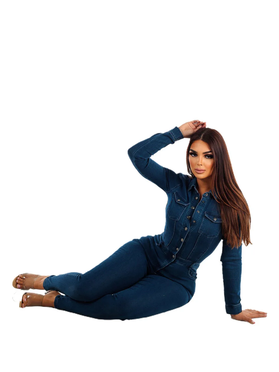 

Women's Slim Fit Elastic Jeans Romper mid Waist Long Pants 100% Cotton Diamond Embellished Washed Denim One-Piece Suit