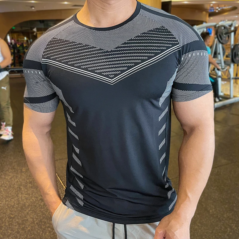 2023 Summer Short Sleeve Shirt Quick Dry Running T Shirts Slim T-shirt Training Elastic Tops Male Jogging Sport Wear Gym Clothes