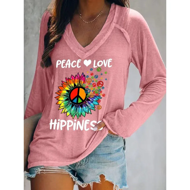 Ilstile Women's Hippie Love Peace Print T-Shirts Autumn Summer Long Sleeve Casual Loose V Neck Tops Tees NEW