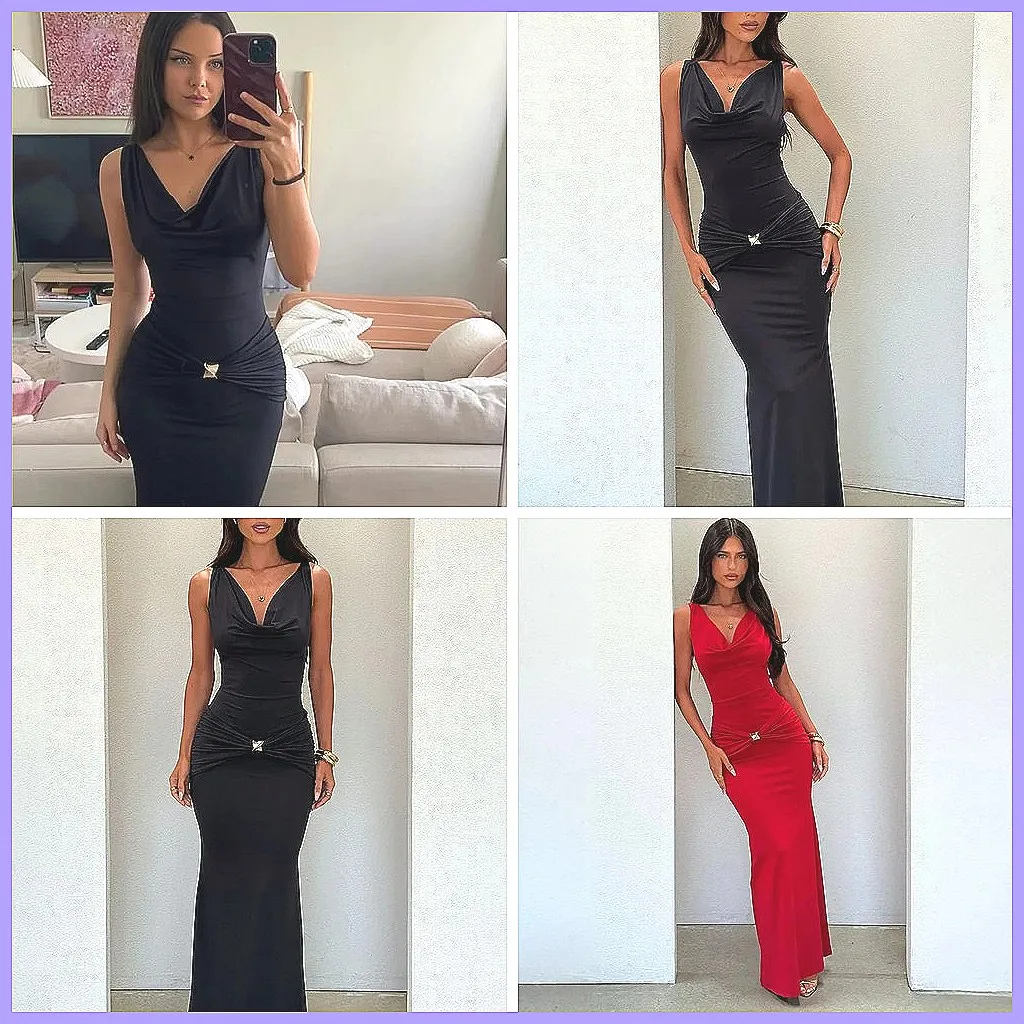 

Elegant Cowl Neck Bodycon Maxi Dress for Women, Ruched Waist Sleeveless Floor Length Evening Party Dress