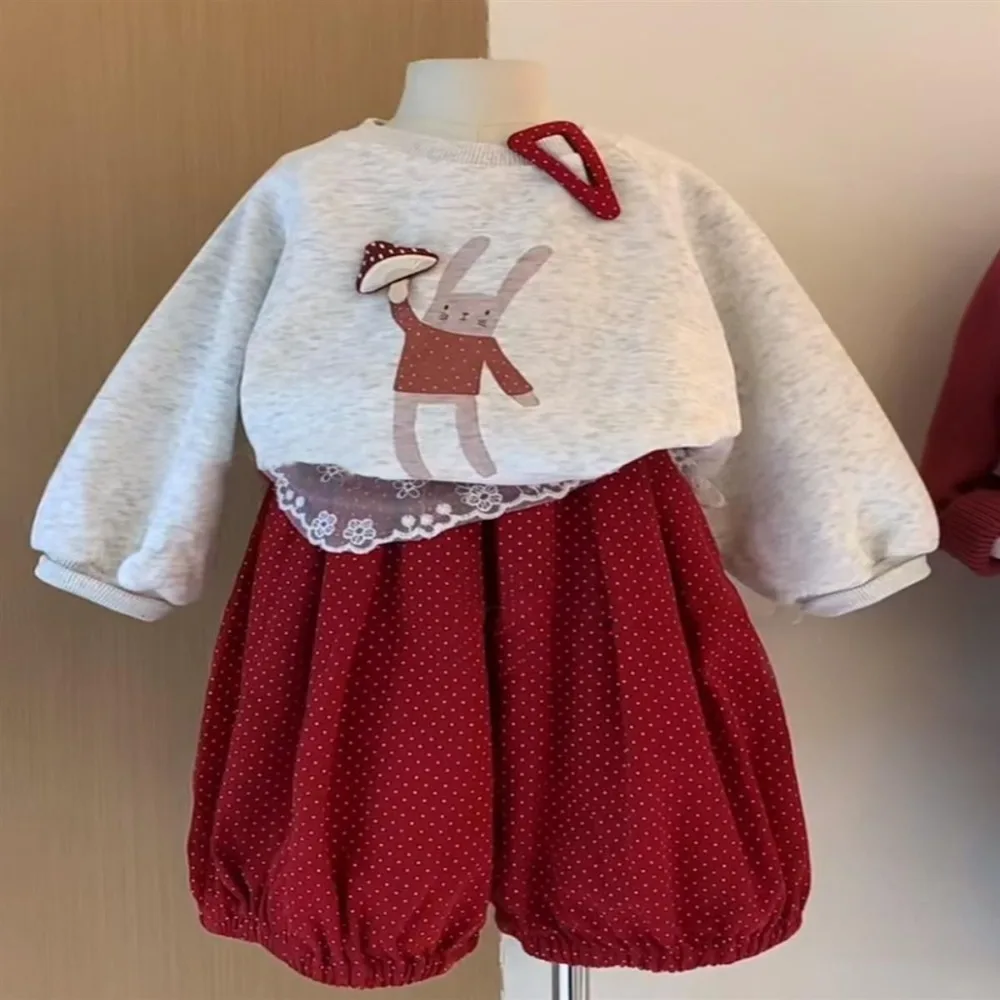 Autumn Fashion Street Style Girl Clothes Korean Edition Children's Clothing 2025 Grey Long Sleeve Top+Red Pants Two Piece Set image 6