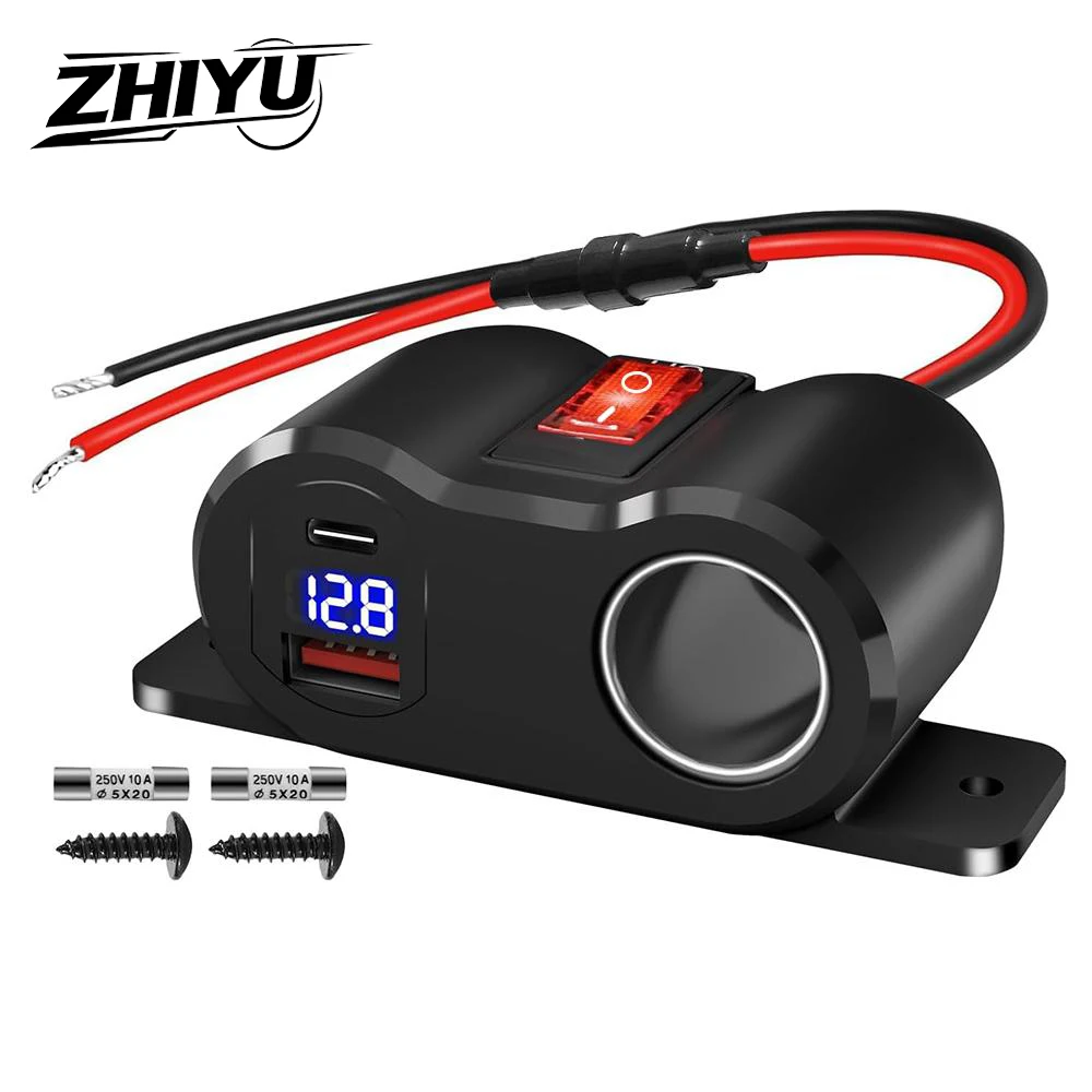 ZHIYU 12V Car Charger Power Adapter QC3.0 &PD3.0 Outlet Cigarette Lighter Socket Splitter with LED Voltmeter for RV Marine Boat