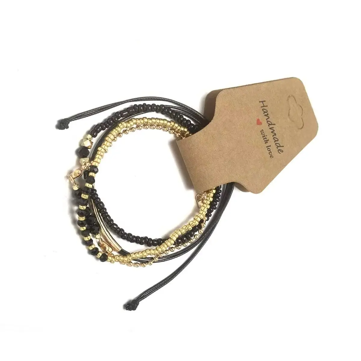 

2026 Handmade Black Glass Stone Multilayer Bracelet Set for Women Stacked Rice Beaded Link Chain Bangle Jewelry Accessory