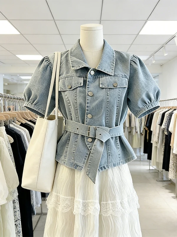 

Large Size Elegant Lace Trim Denim Shirt Women's Cake Skirt Two Piece Set Commute Style Short Sleeve Flip Collar Summer Fashion
