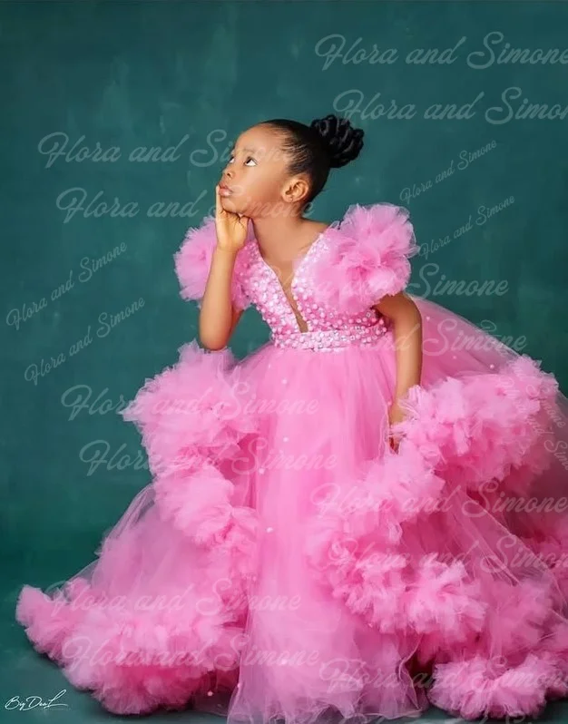 Vestido de niña de flores elegante rosa personalizado, tul esponjoso para ceremonias de boda, vestidos de fiesta de cumpleaños para niñas, vestidos de noche de baile