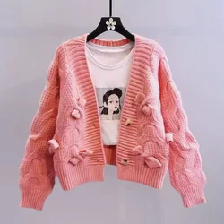 Elegant Winter Coat New In Korean Style Women's Clothing Sweet Bow Knitwear Long Sleeve Top Sweater Cardigan Casual Outerwears