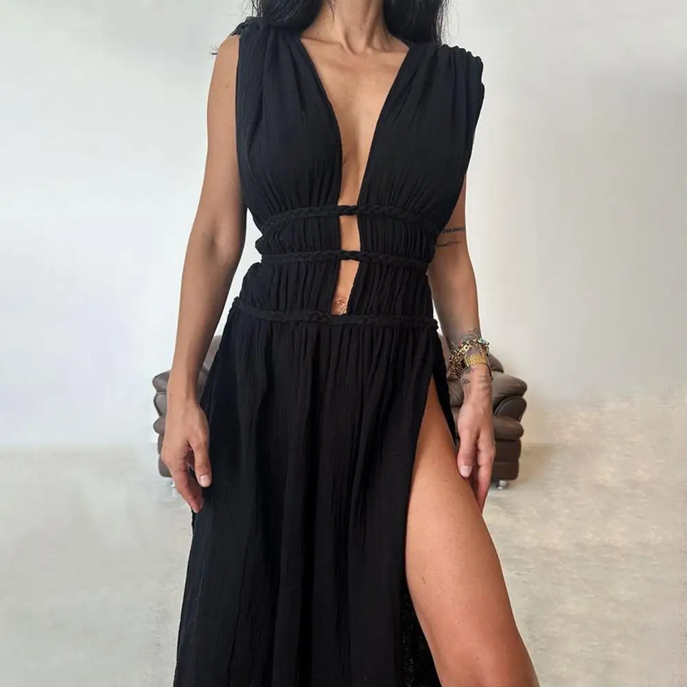 Vestido con panel de cuerda trenzada Vestido largo elegante con hombros descubiertos y correas trenzadas para mujer Vestido veraniego de playa de vacaciones de color sólido