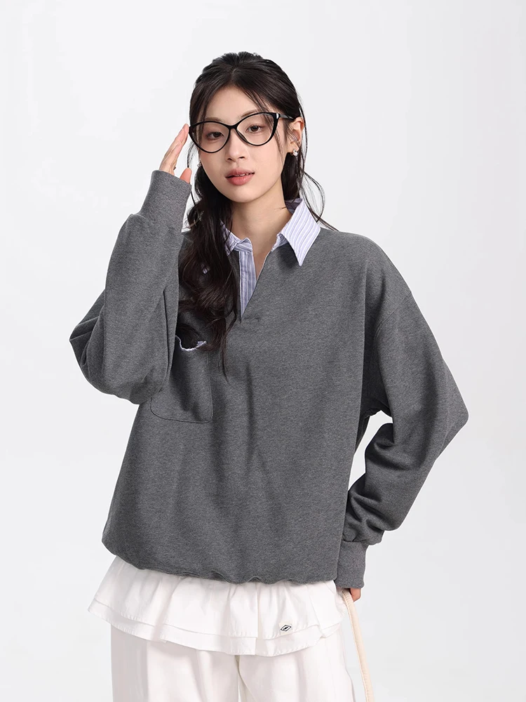 Women Pullover Hoodies Autumn Winter New Splicing Patchork Fake Two Pieces Turn Down Collar Sweatshirt Long Sleeve Tops