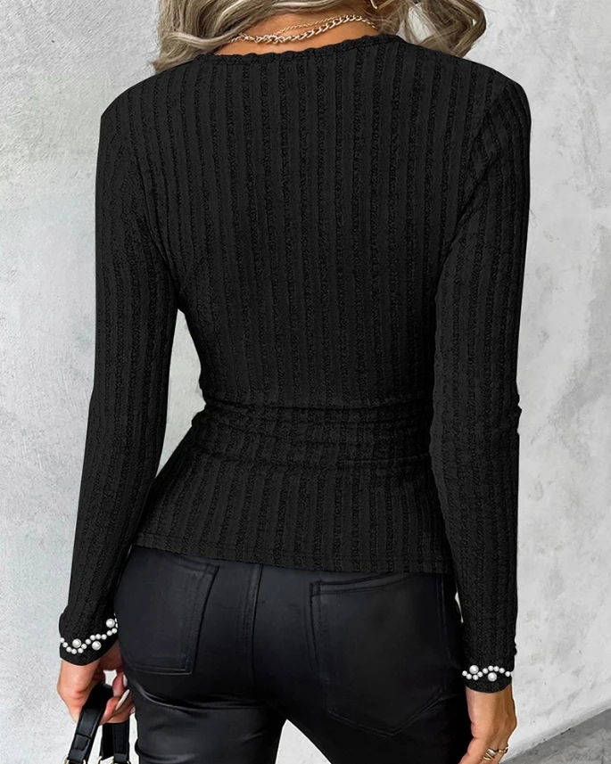 New Fashion Pullover for Women 2024 Spring Autumn Blouses Casual Style Beaded Scoop Neck Long Sleeve Ribbed Daily Top