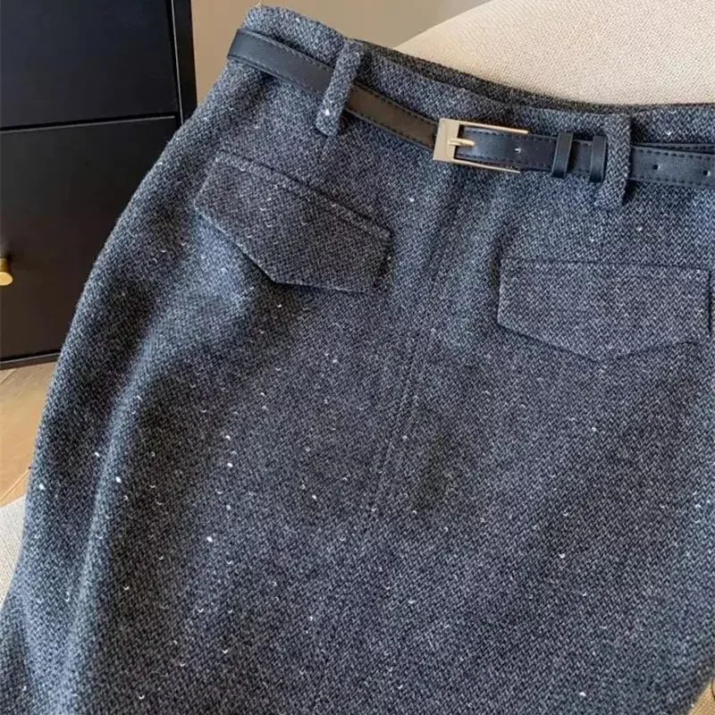 ใหม่หรูหราเลื่อมกระโปรงผู้หญิงฤดูใบไม้ผลิฤดูใบไม้ร่วงElegant HighเอวSlimแยกOffice Lady WoolenกระโปรงMidi Faldasเสื้อผ้า