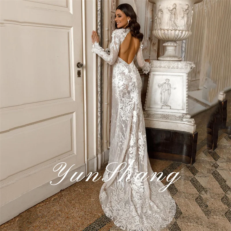 Yunshang Abiti da sposa a sirena di lusso da donna in pizzo aperto sul retro manica lunga con scollo a V abito da sposa diviso Sweep Train Abiti da sposa