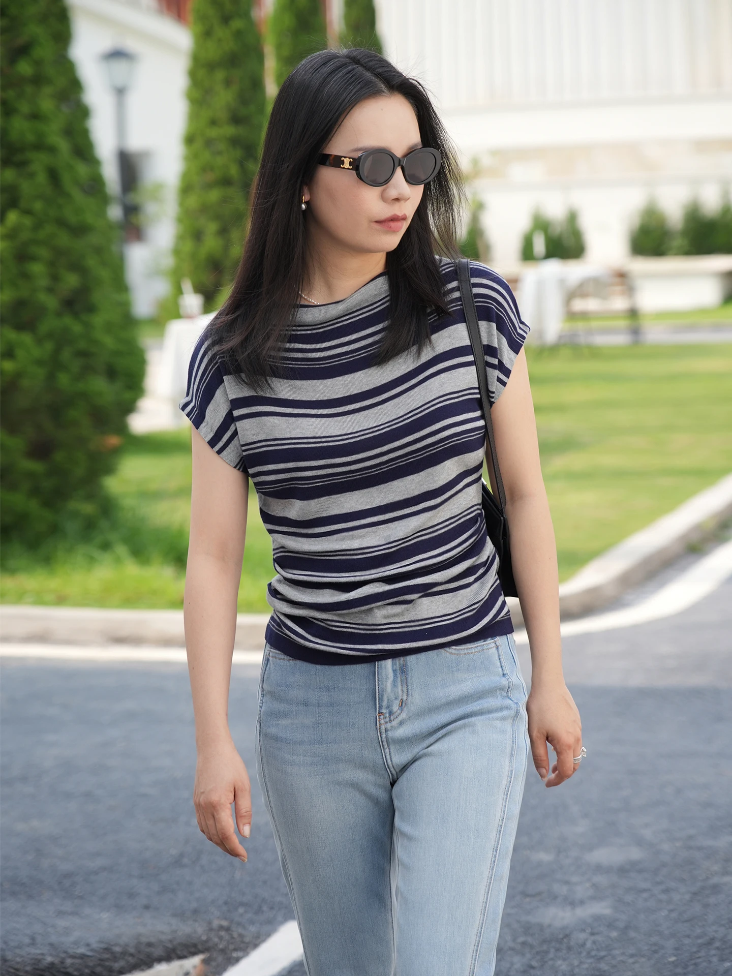 

Lilian Stripe Commute High Quality Cool Slimming Summer Knitwear Soft Rell Cotton Short Sleeve round Neck Easy Wear Women's F...