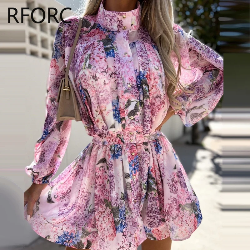 2024 Women Chic Floral Print Turtleneck Button Long Sleeves Spring&Autumn Mini A-line Sexy Chiffon Party Dress