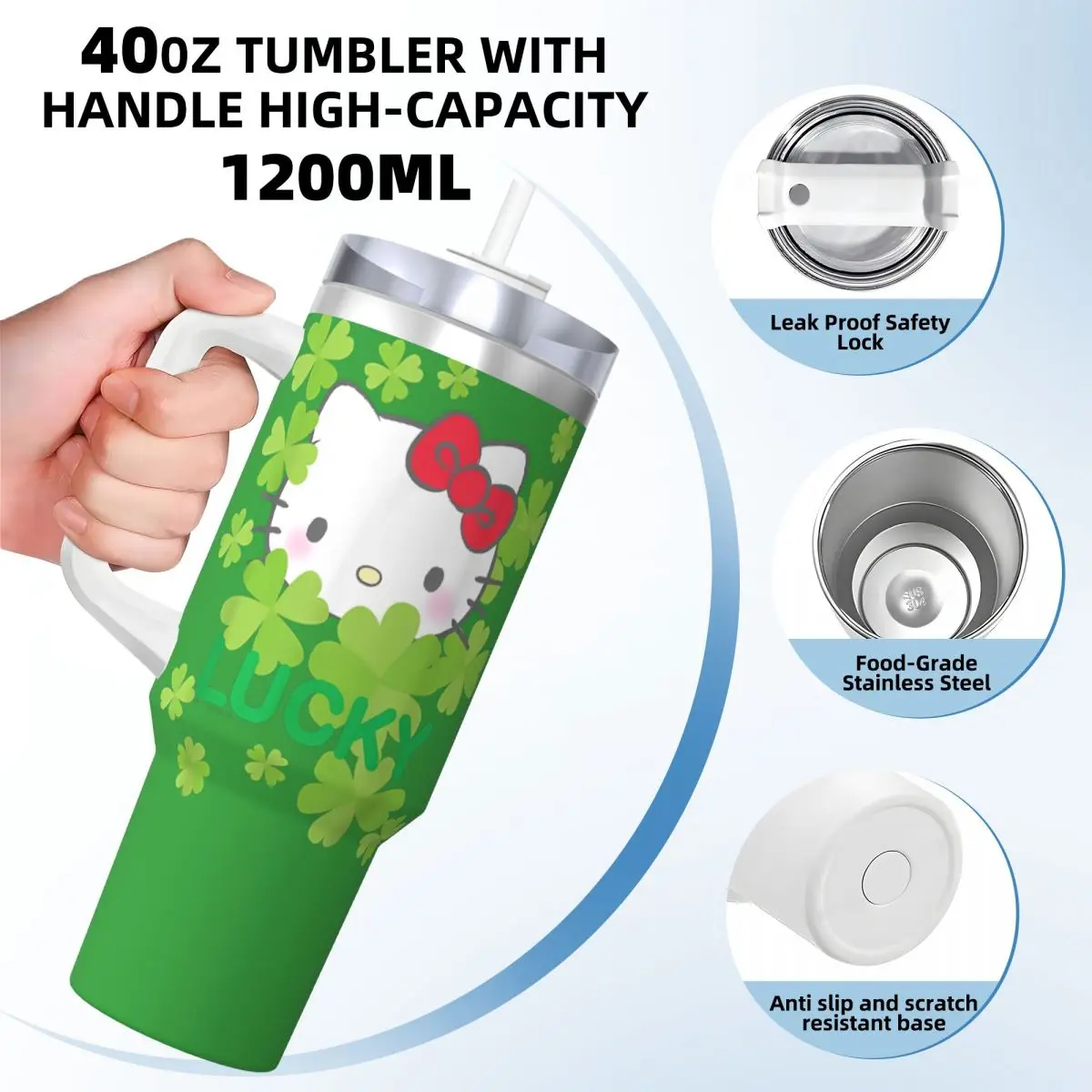 Hello Kitty Lucky Clover St. Patrick's Day Stainless Steel Tumbler Travelist Mugs Cup Large Coffee Mug Portable Tea Water Bottle