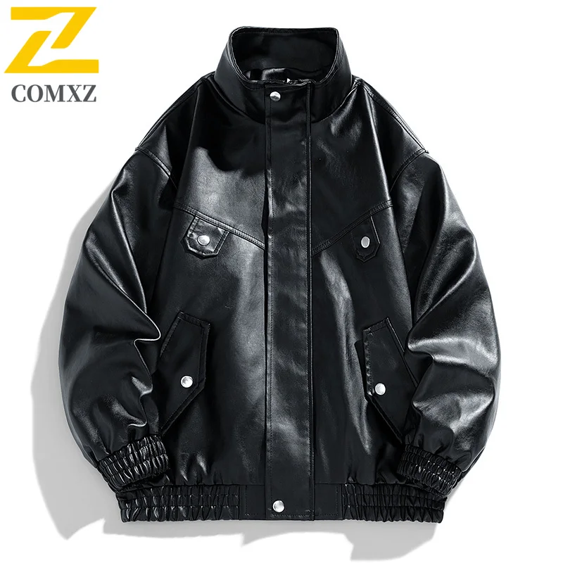 COMXZ New Male PU Leather Jacket Fashion Classic Stand Collar Racing Motorcycle Jackets Outdoor Camping Breathable Autumn Coat​