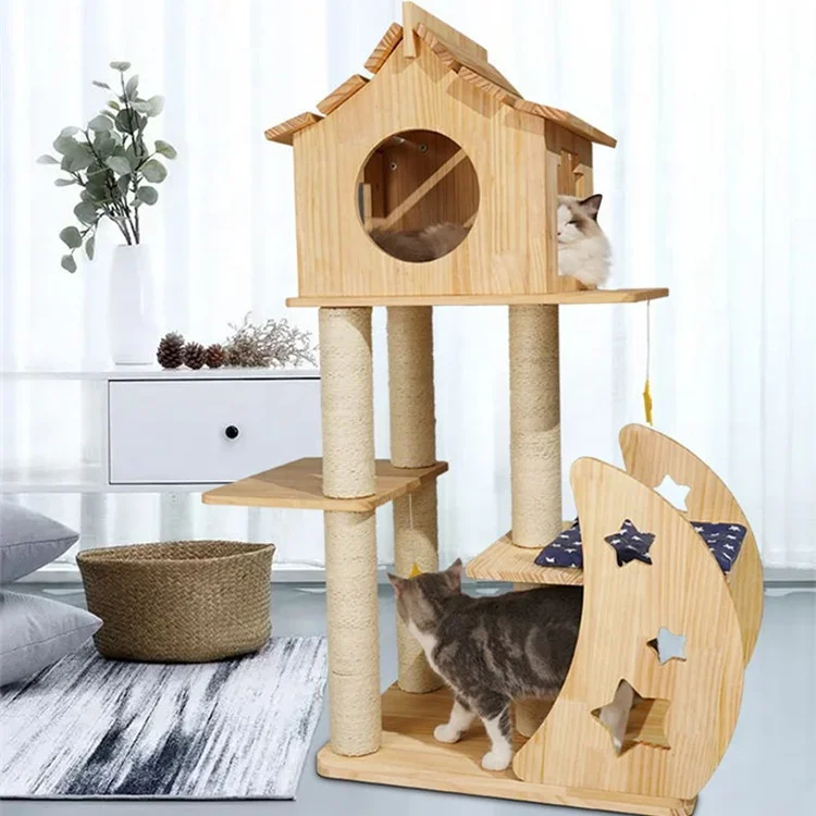 Wooden Cat Tree House Cat Climbing Frame with Cat Bed and Sisal Scratching Posts