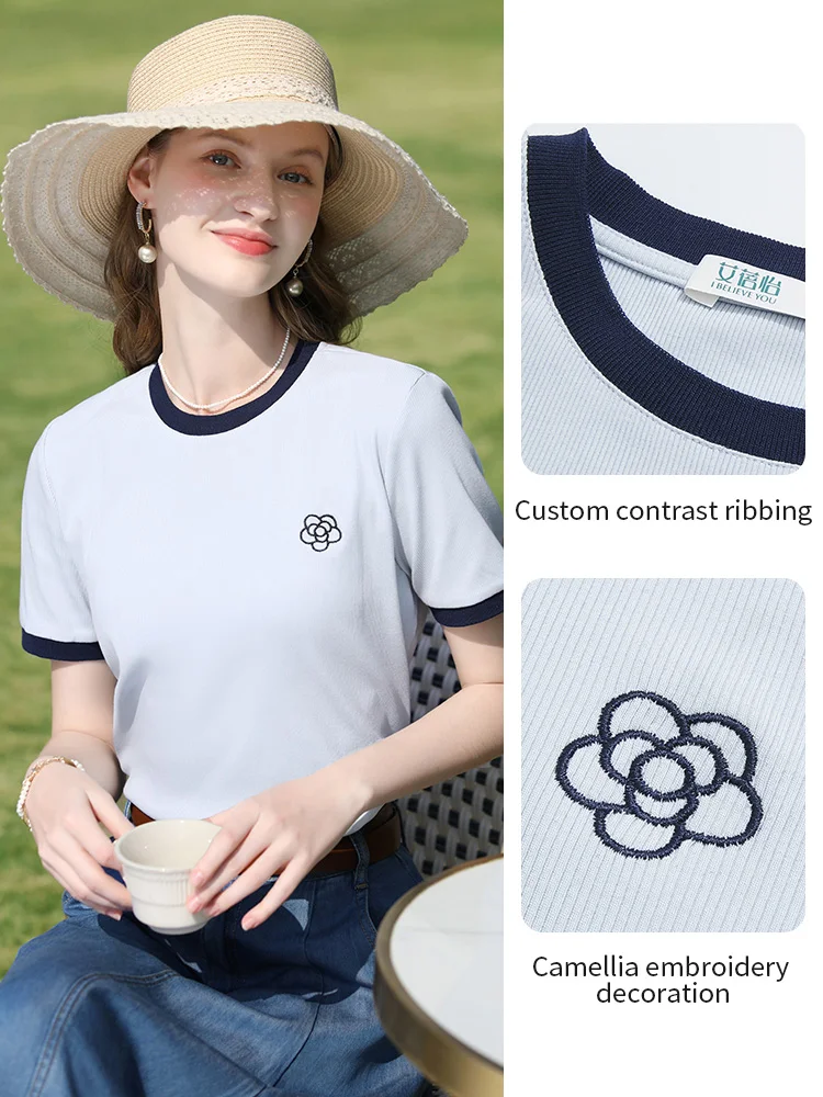 I BELIEVE YOU Women T-Shirt 2026 Summer New Slimming Blue Embroidered Color Blocking O-Neck Stretch Knit Short Sleeve 2252015972