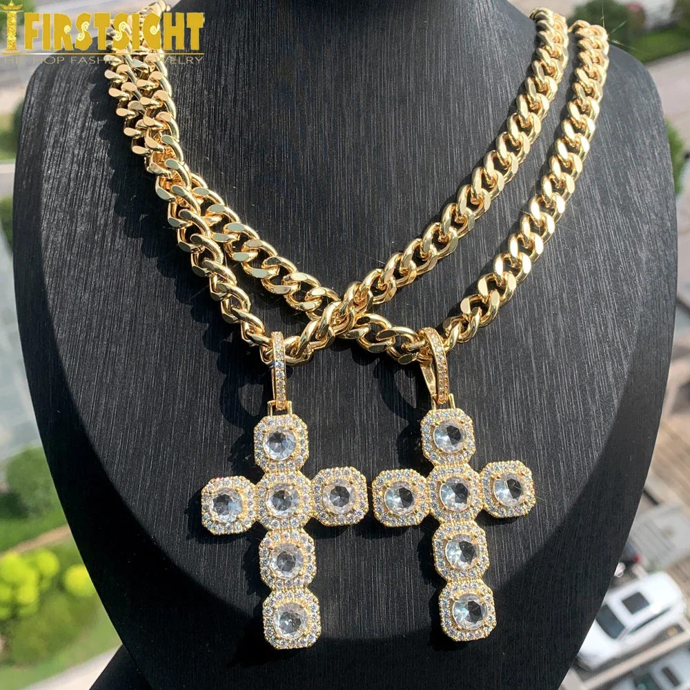 Iced Out Cuban Chain Cross Pendant Necklace Mens Micro Paved Gold Color Cross Charm Hip Hop Jewelry