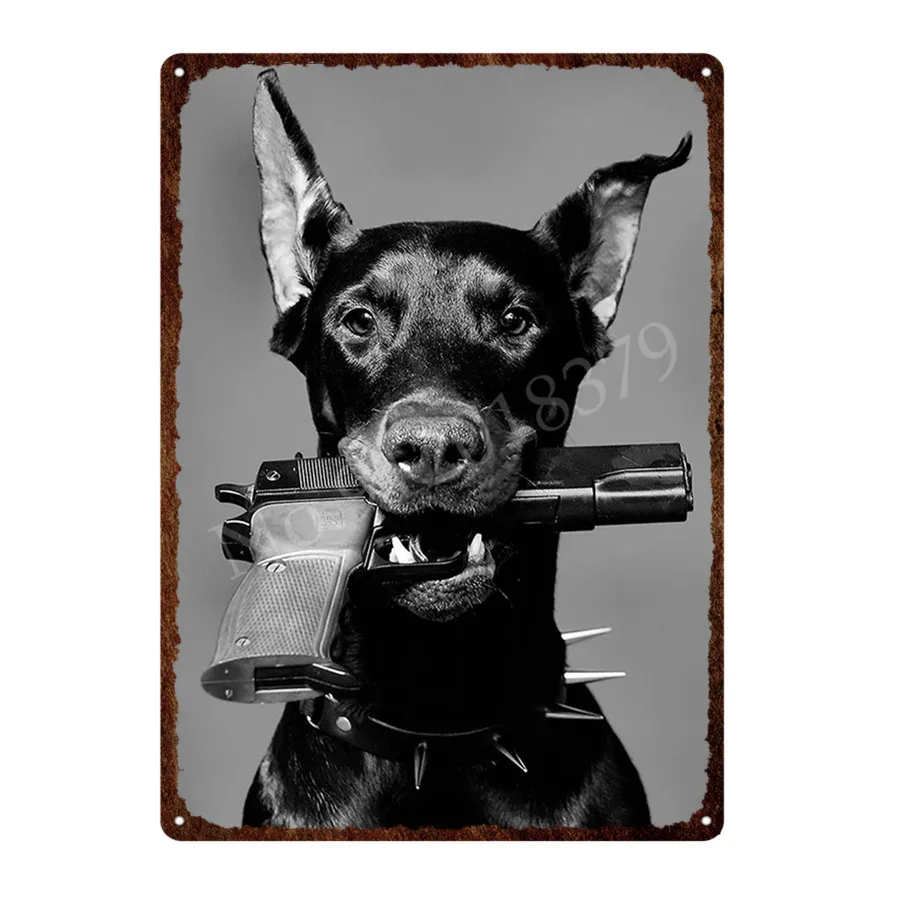 Hypebeast Metal Sign Plaque Vintage Poster Black White Doberman Gun Metal Tin Plate Board Home Decor Iron Painting 20x30 30x40cm