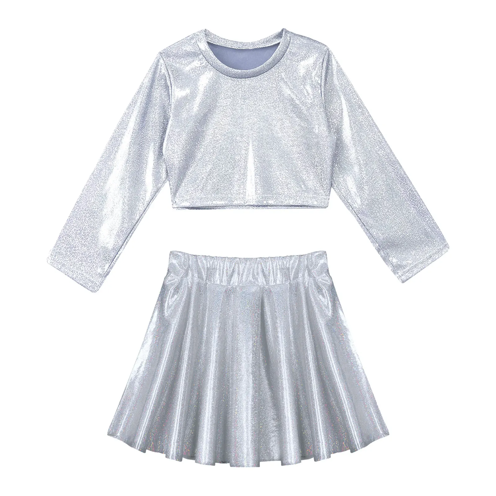 

Kids Girls Jazz Dance Costume Hip-hop Streetwear Sparkling Long Sleeve Crop Top T-shirt+Pleated Skirt Set for Party Performance