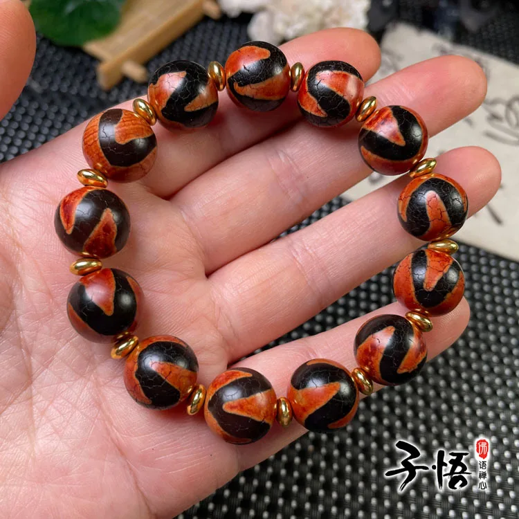 Tibet authentic red meat tiger tooth beads bracelet old agate weathered pattern patina beads fashion bracelet for men and women.