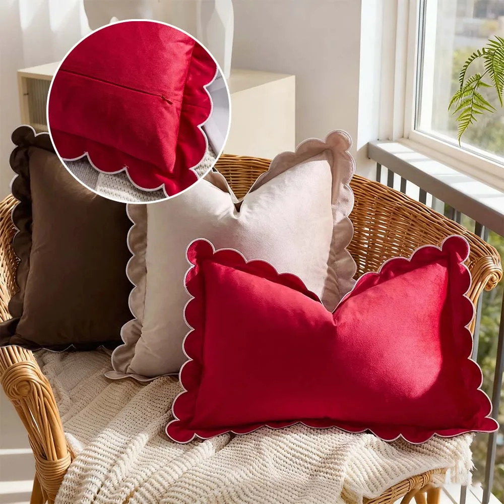 Solid Color Velvet Cushion Cover with Crescent Moon Edge Ruffled Soft Decorative Pillowcase for Sofa Bedroom Funda Cojines 45x45