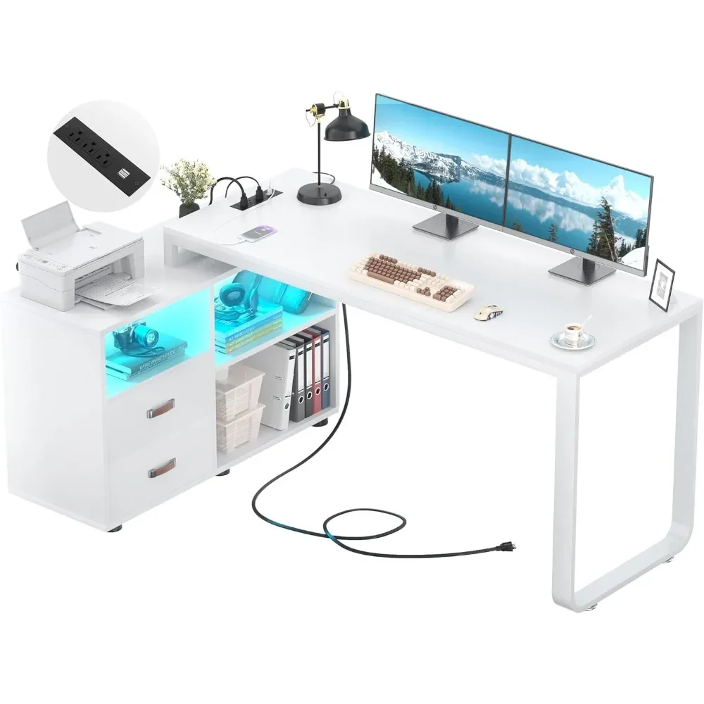 

55-дюймовый светодиодный L-образный стол — двусторонний дизайн с картотечным шкафом и розеткой для домашнего офиса | Индивидуальный