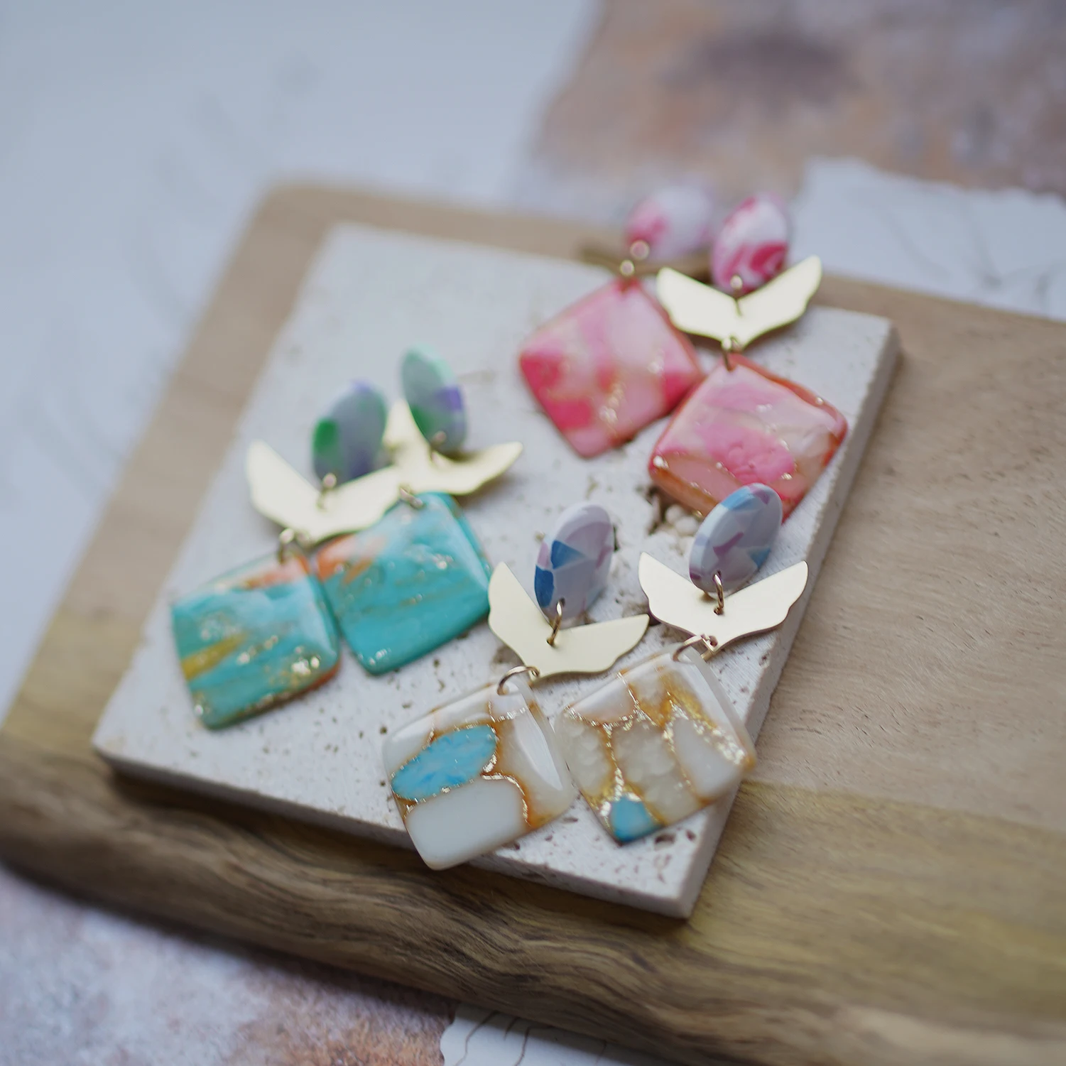 Fashion Trendy Marble Colors Enamel Square Dangle Handmade Polymer Clay with Brass Metal Earring Sets for Women's Accessories