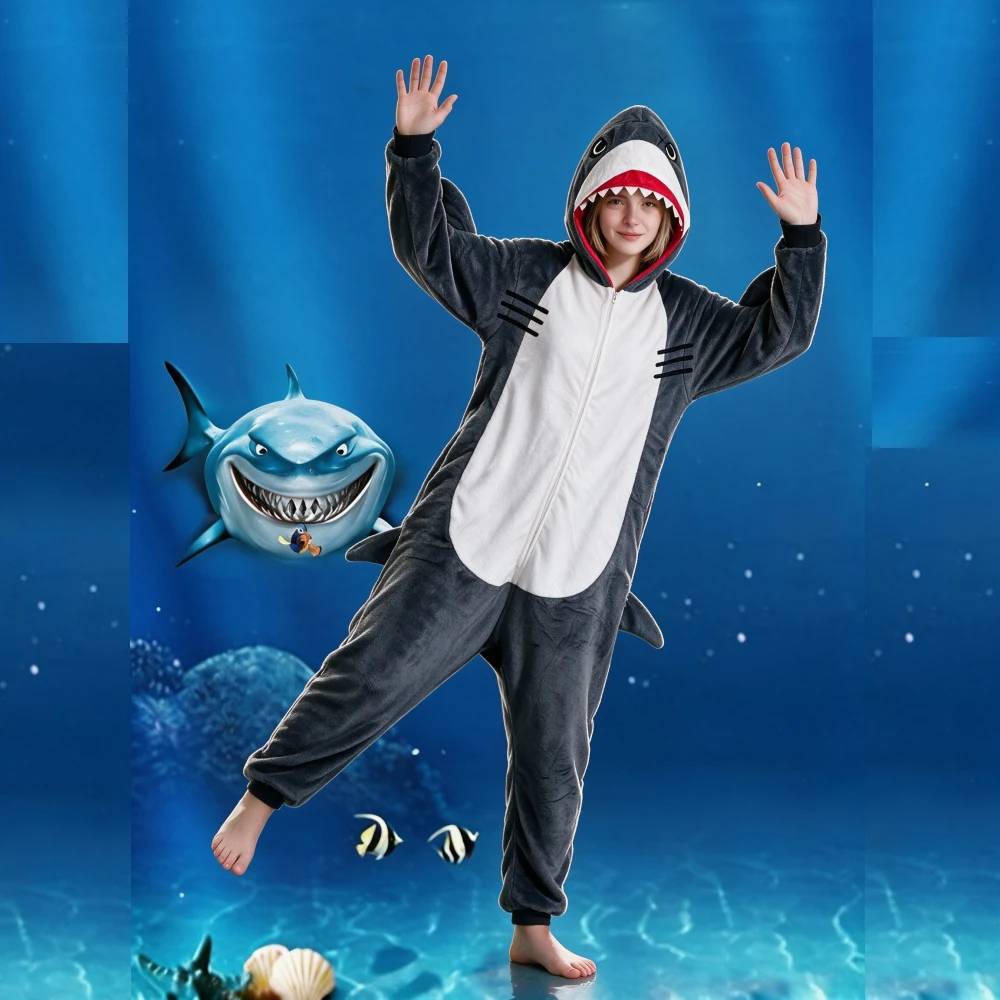 Onesie Scar Shark Cartoon jumpsuit, dark gray flannel animal shaped home outfit, party cosplay, role-playing nightgown