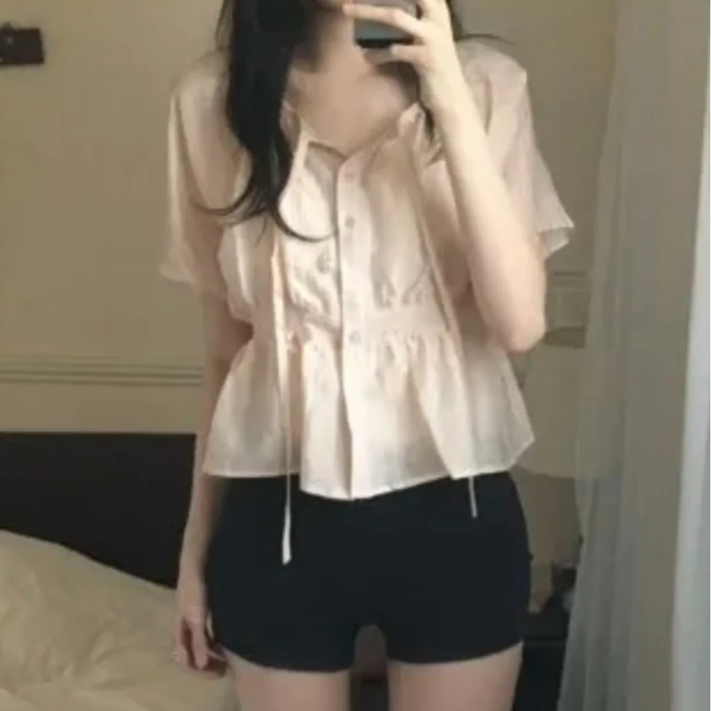 

2026 Summer New Chic Casual Style Loose Short Sleeve Shirt Women's Top Waist-Cinching Belted Simple Versatile Korean Style