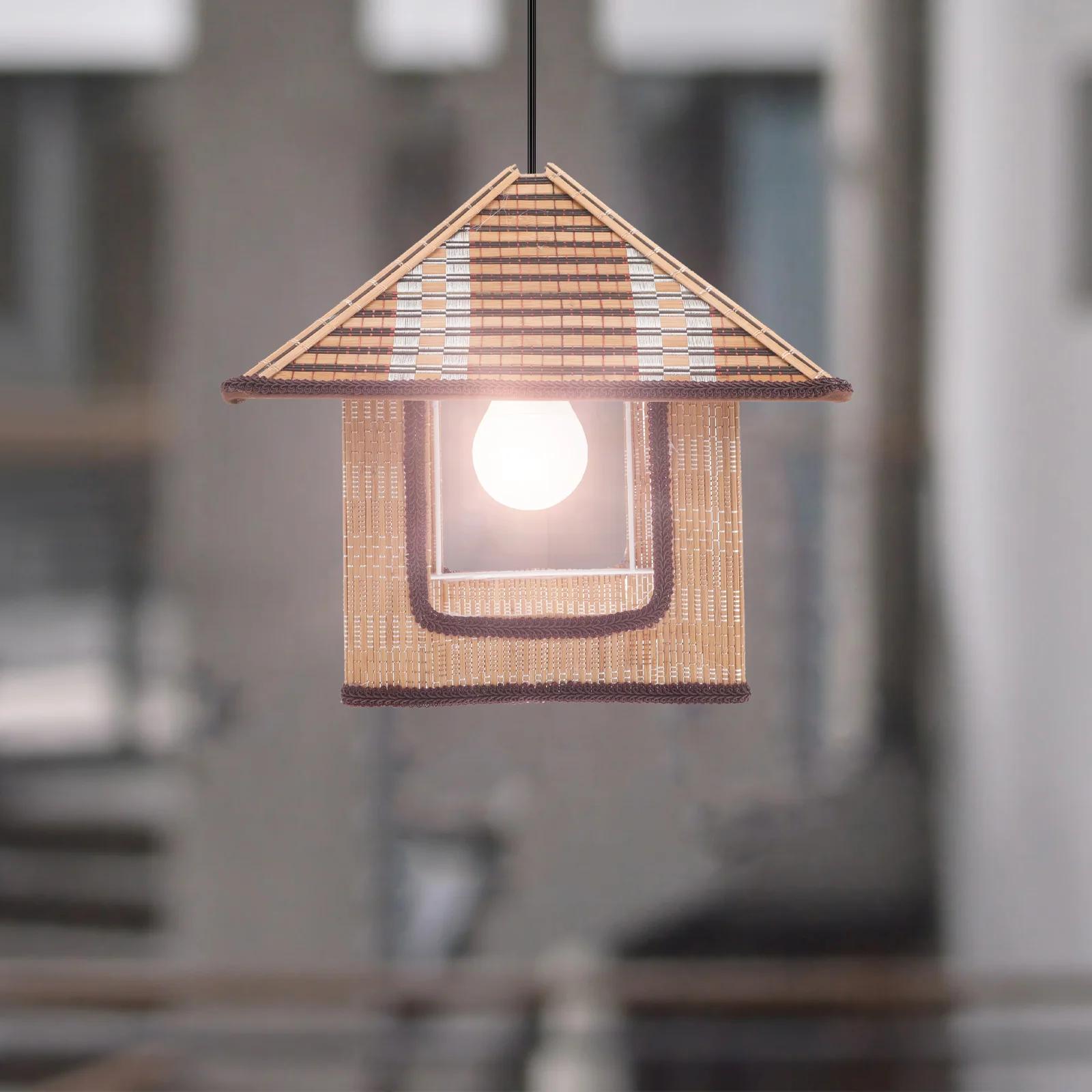 

Rustic Woven Lampshade House Shaped Pendant Light Cover Sturdy Structure No Dazzling Eye Protection for Home Hotel Cafe