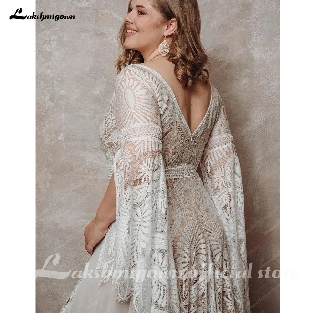 Lakshmigown Bohemian Boho Hochzeitskleid aus Spitze und Chiffon mit langen Ärmeln, offenem Rücken, V-Ausschnitt, Übergröße, Vestidos De Novia, maßgeschneidert. – Detail 9