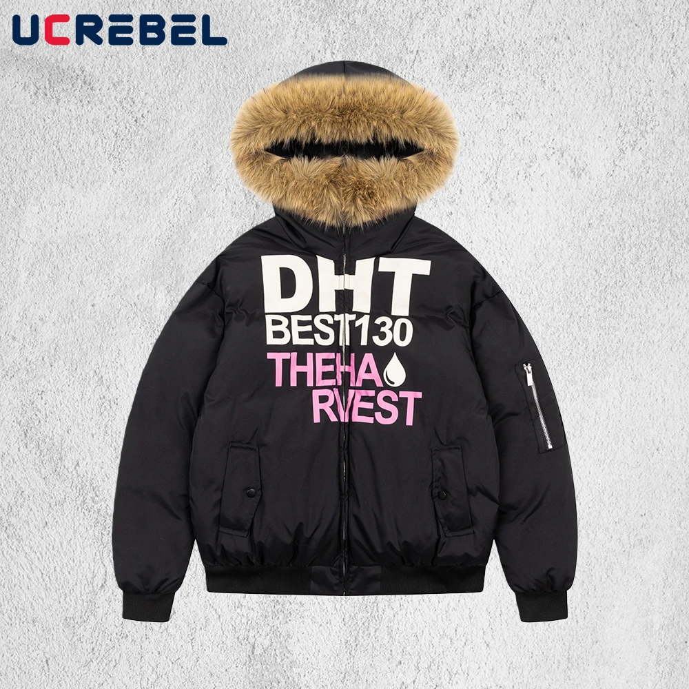 

Стеганая куртка с капюшоном и буквенным принтом, мужская стеганая куртка со съемным меховым воротником, зимняя толстая уличная стеганая куртка с длинными рукавами и карманами, мужская