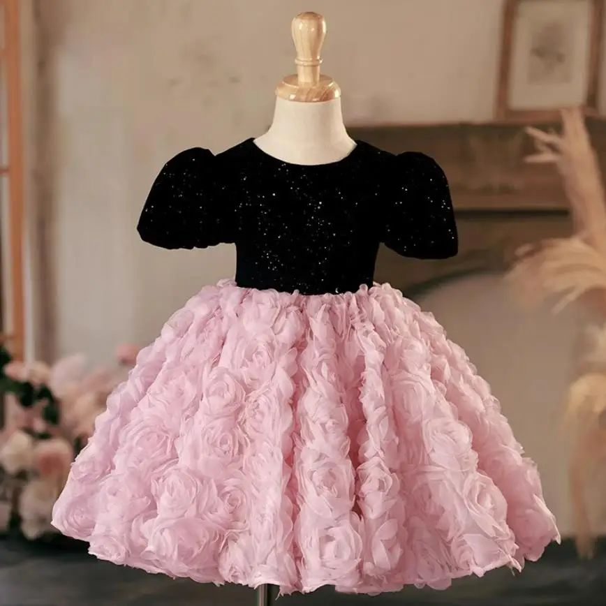 

2024 New Baby Lolita Princess Ball Gown Floral Stitching Design Birthday Baptism Party Easter Eid Dresses For Girls A3464