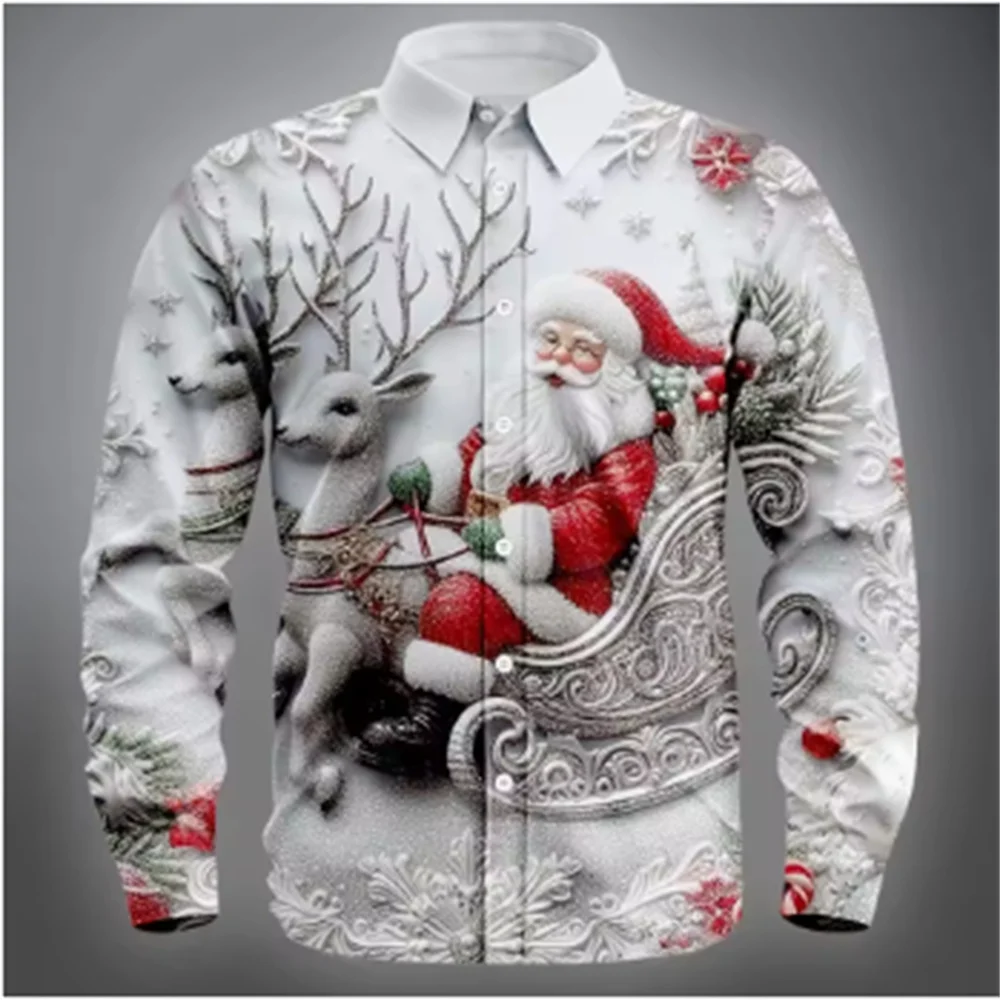 Kerstoverhemden voor heren Kleding Kerstman 3D-print overhemd Knop Lange mouw Vakantie Herfst bedrukt reversoverhemd Herenkleding