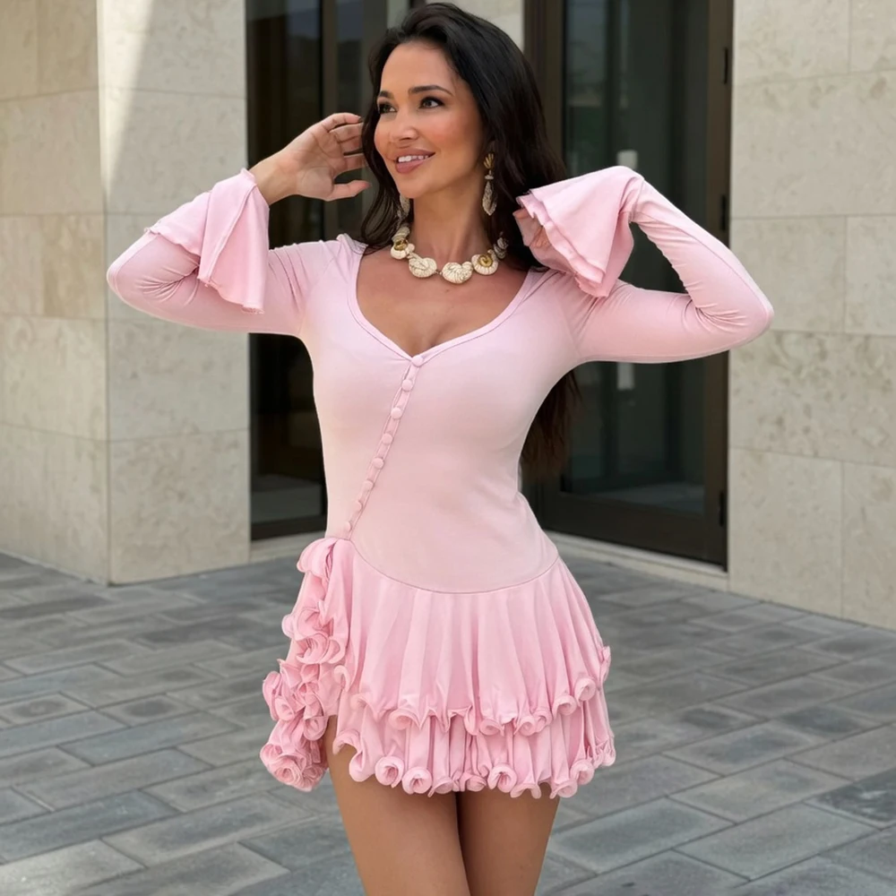 

Talenza Ruffle Hem V-Neck A-Line Dress For Women Single Breasted Long Sleeve Irregularly Bodycon Lady Party Streetwear Outfits