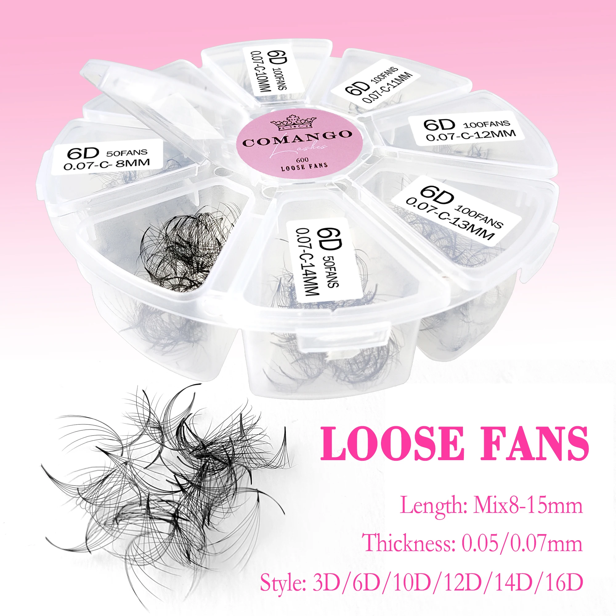 CoMango 8 in 1 600 Loose Fans Premade Volume Fans 3D-16D Mix Lengths Pointy Base Bouquet Lashes Promade Fans Eyelash Extensions