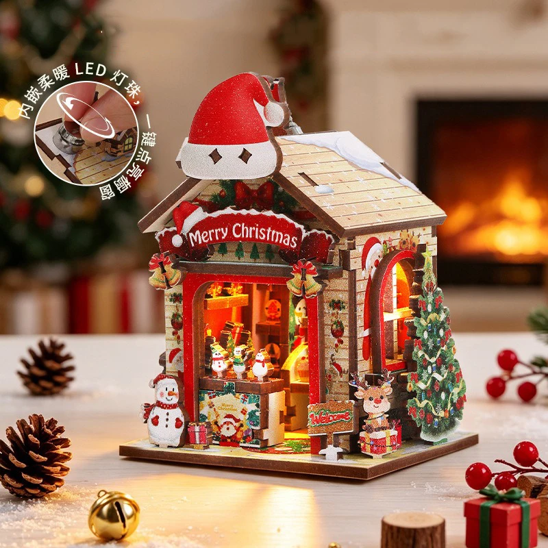Christmas Cottage Handmade Assembled Refrigerator Sticker Wooden 3D Puzzle Creative Home Model Ornament Children's Holiday Gifts