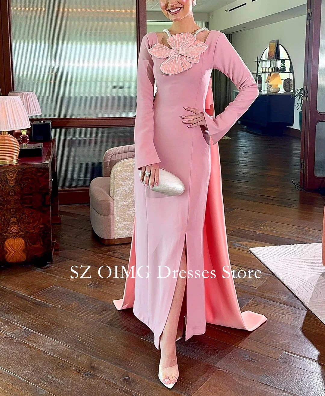

OIMG Saudi Arabia Crepe Satin Prom Dresses Pearls Flower Dress Pink Color Dress Formal Women Wedding Party Gowns Customized