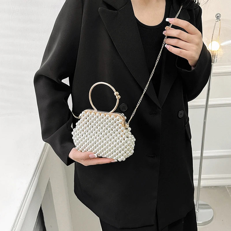 Round Ring Handle Pearl Evening Clutch Bag Luxury Bead Dinner Party Wedding Purse  Handbag Designer Shoulder Bag Hobo Hand Bag