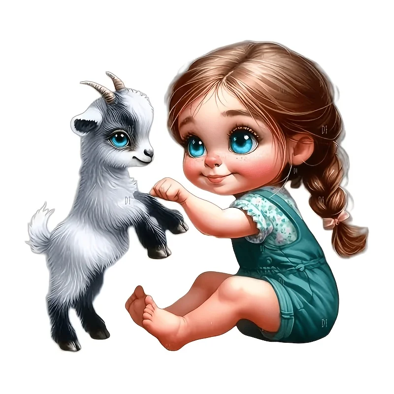 1Pc 2D Flat Little Girl Playing With Goat Vinyl Sticker, Waterproof Decal for Car Laptop Fridge Table Water Bottle, Holiday Gift