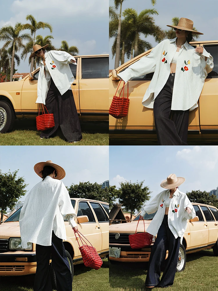 TIYIHAILEY Wiosenna Bluzka w Paski Jesienna Koszula Damska z Długim Rękawem, Luźna Koszulka z Haftem, Kołnierzyk z Wyłogami, Zapinana na Guziki, Kolekcja 2025