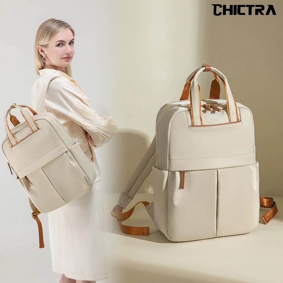 CHICTRA 14 Inch Laptop Backpack for Women Large Capacity Khaki Fashion Luxury Portable Business Travel Bag