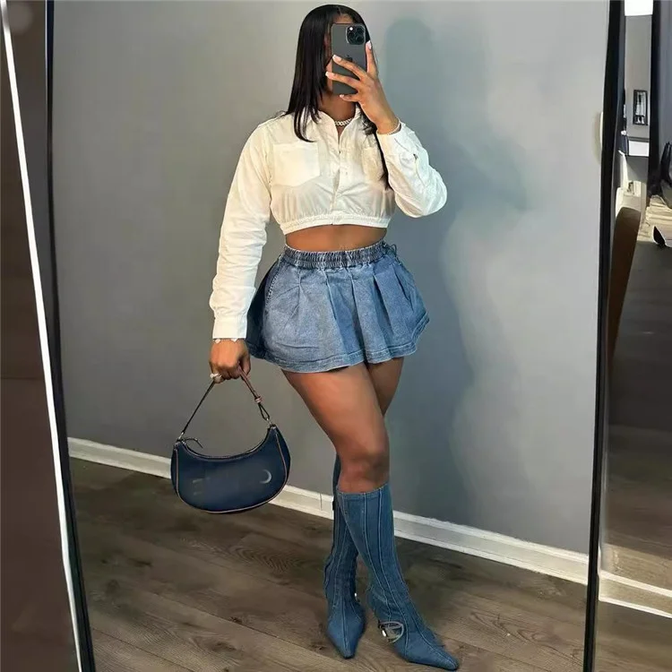 Fashion Hot Women Elastic High Waisted Denim Pleated Mini Skirts Summer New Cowboy Bottoms 2024