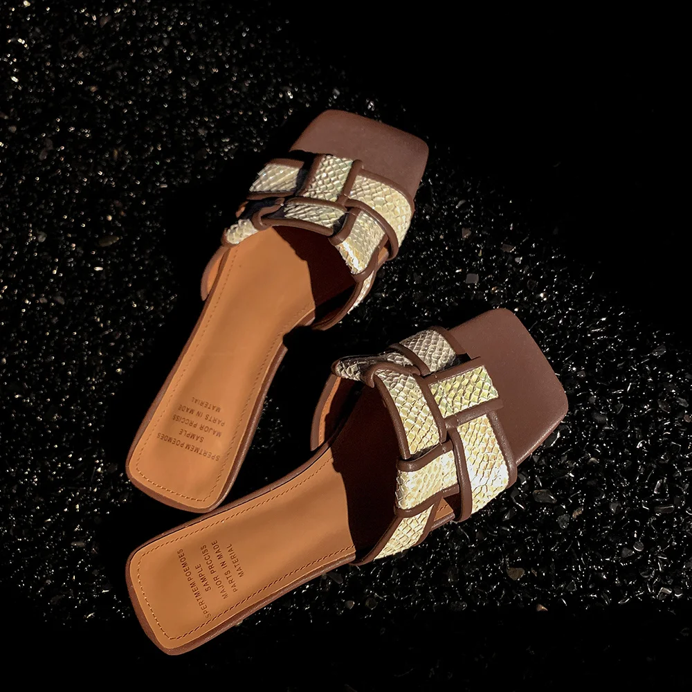 Aucegi Classic Style Fish-scale Microfiber Leather Slipper Sexy Square Peep Toe Summer Dating Party Low Heels Modern Women Shoes