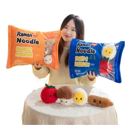 Almohada de peluche de fideos Ramen instantáneos, bolsa de peluche de comida divertida, huevo hervido, tomate, seta, bolas de salchicha, bocadillo relleno, regalo creativo