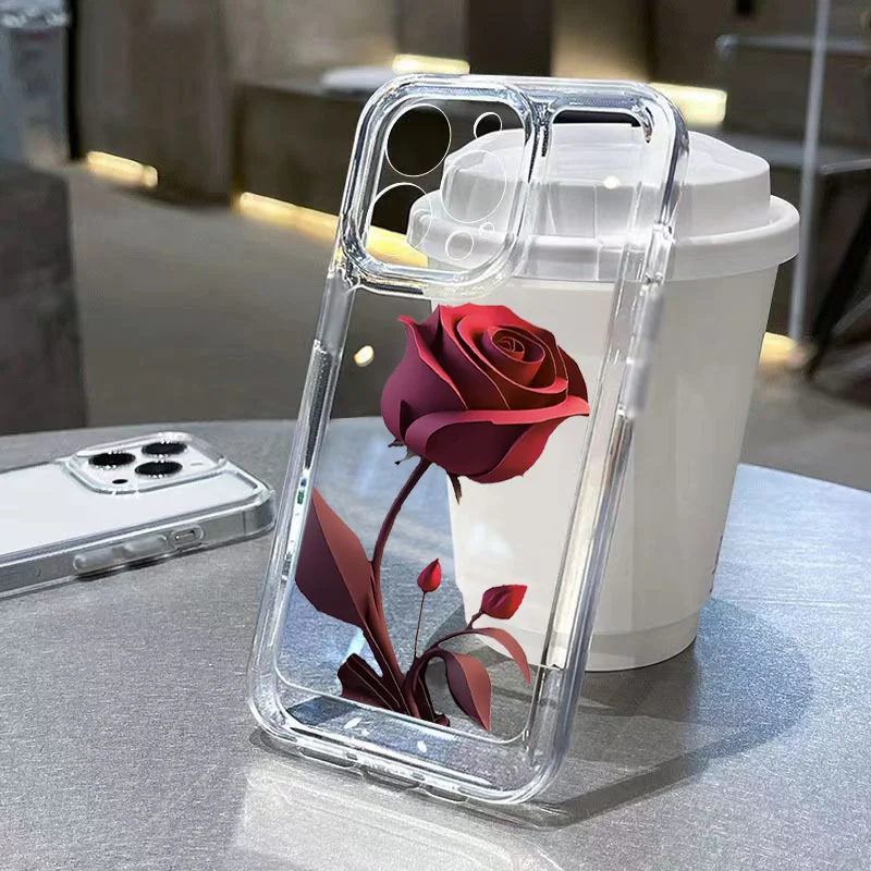 Romantic Red Rose Flower Transparent Case For Samsung Galaxy S24 S23 S22 Ultra S21 Plus FE A05 A05S A54 A52 A14 A54 A53 5G Cover